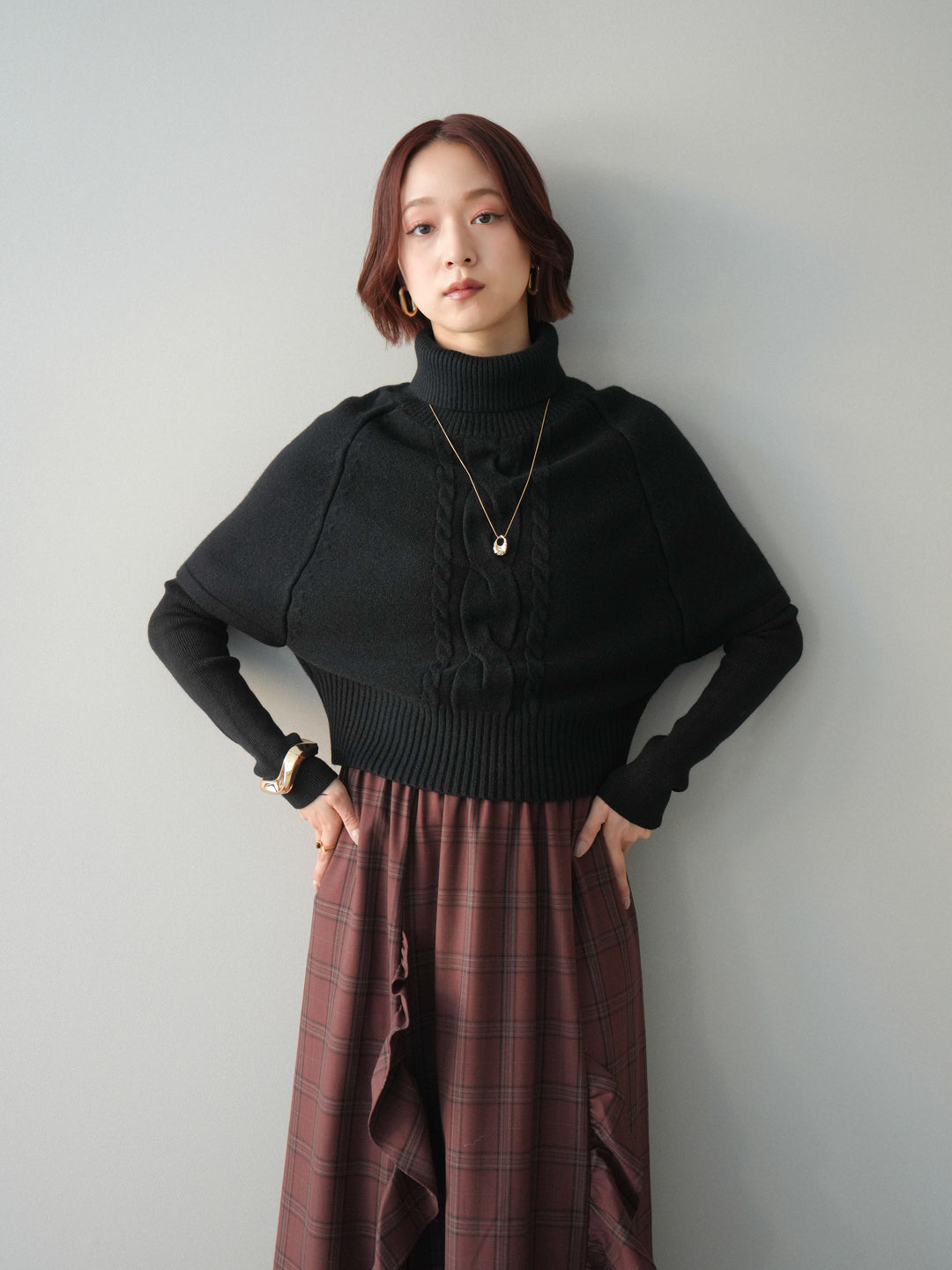 [予約]ケーブル編みタートルハーフスリーブニットアンサンブル/black