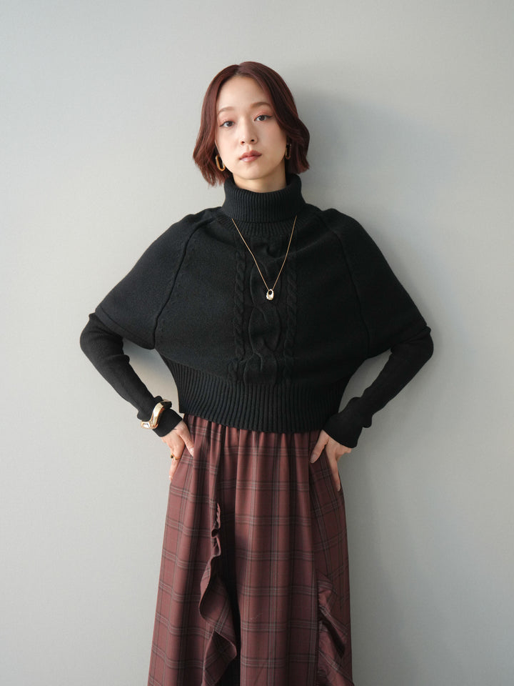 [予約]ケーブル編みタートルハーフスリーブニットアンサンブル/black