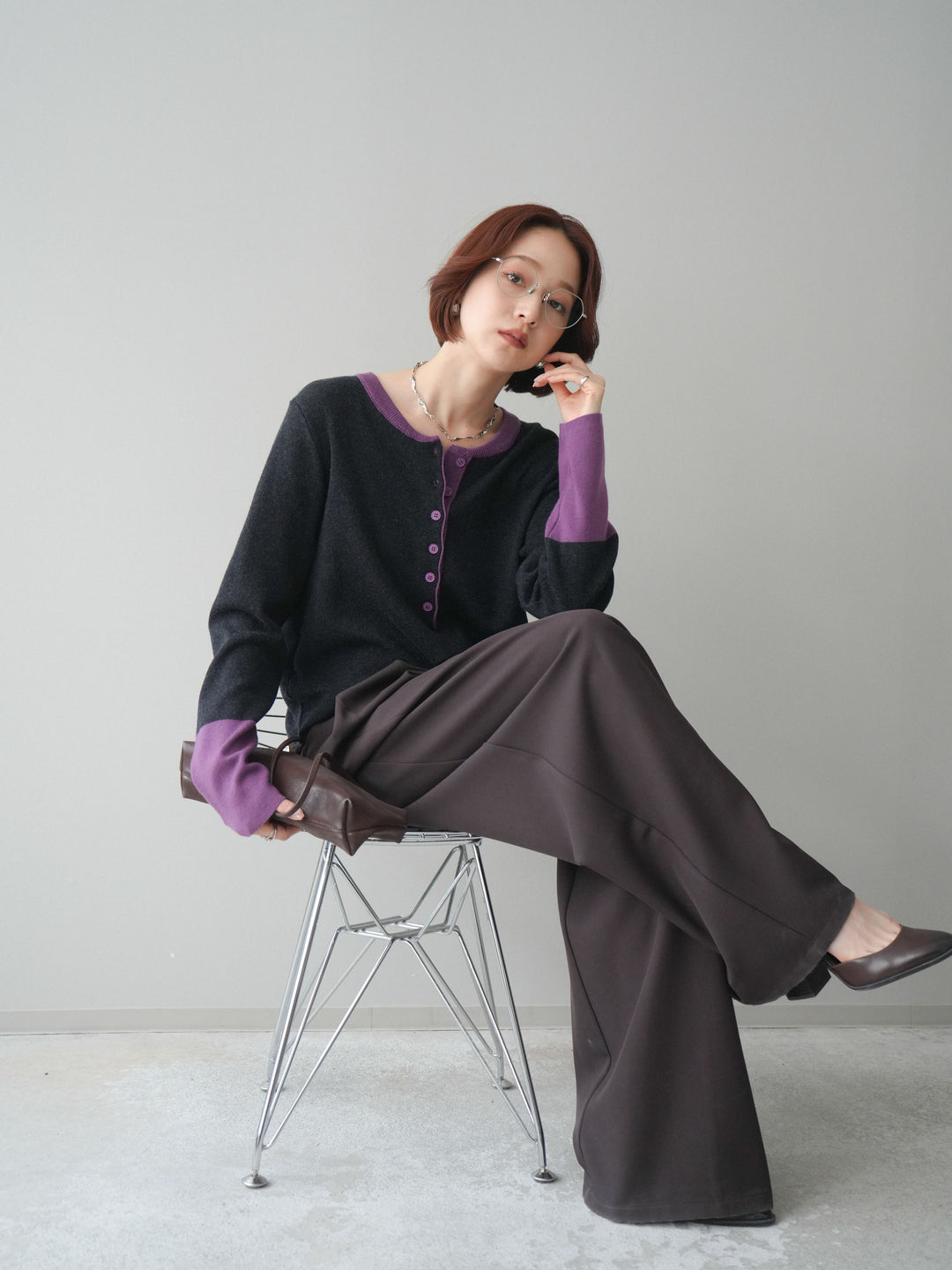 [SET]ヘンリーネック配色ニットソー+ベルトループデザインワイドパンツ(2set)