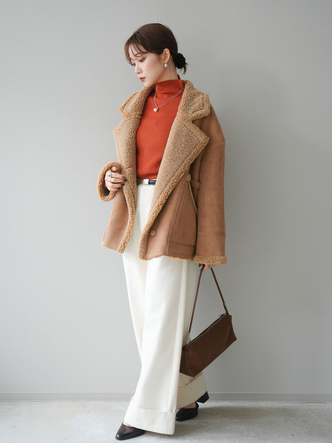 [予約]ベルト付き折り返しコットンツイルワイドパンツ/ivory