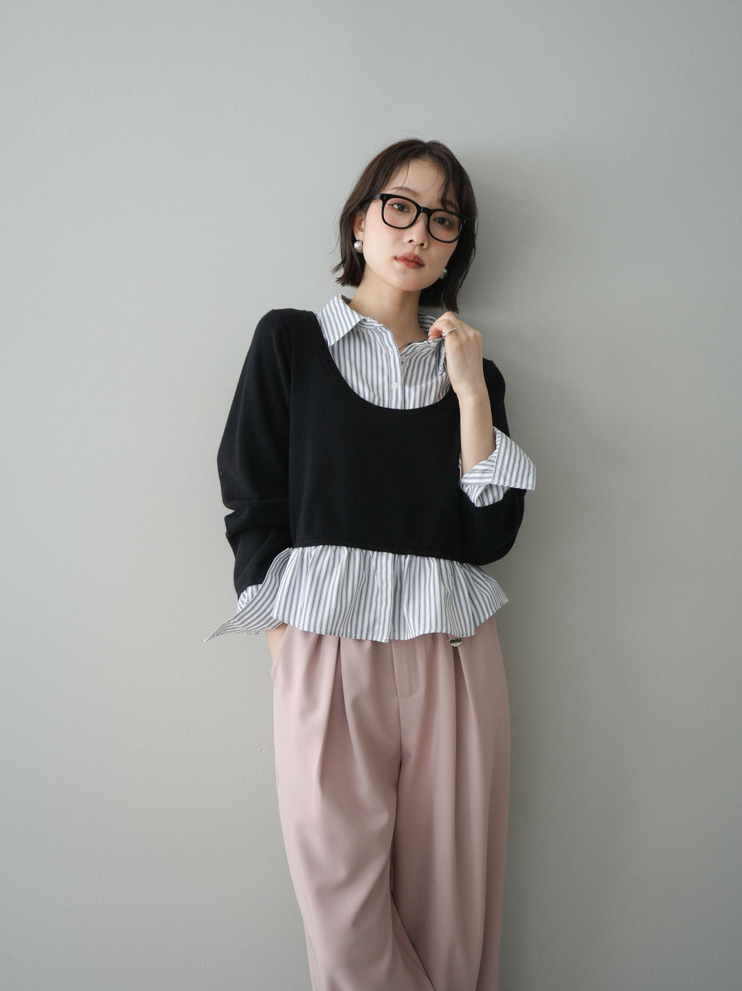 [予約]ストライプシャツUネックドッキングニットプルオーバー/blackoffstripe