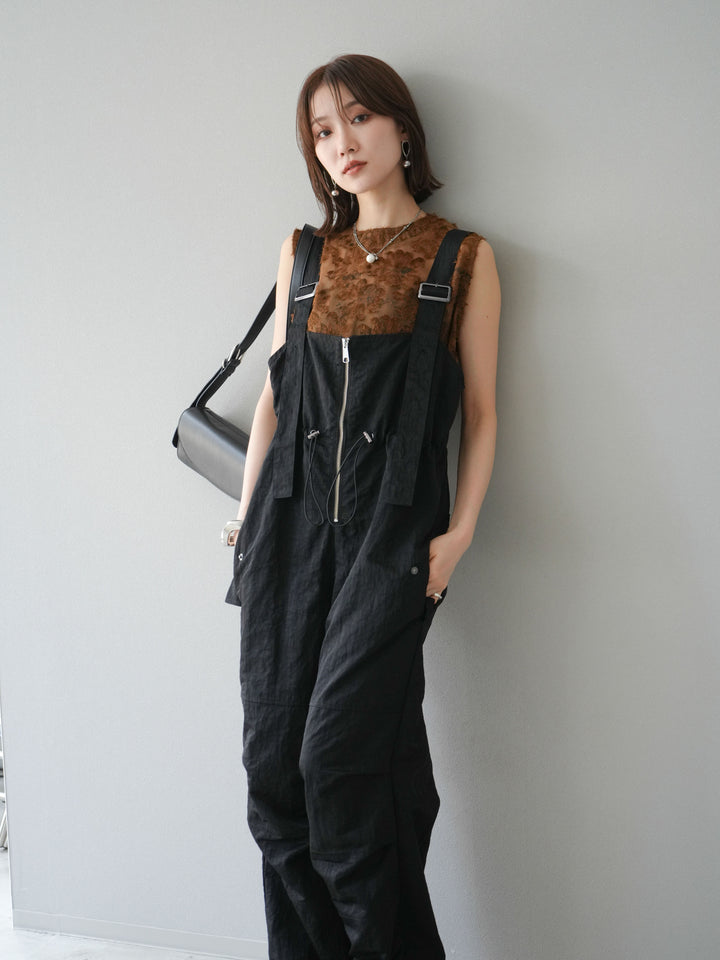 [予約]ナイロンタックデザインサロペット/ブラック