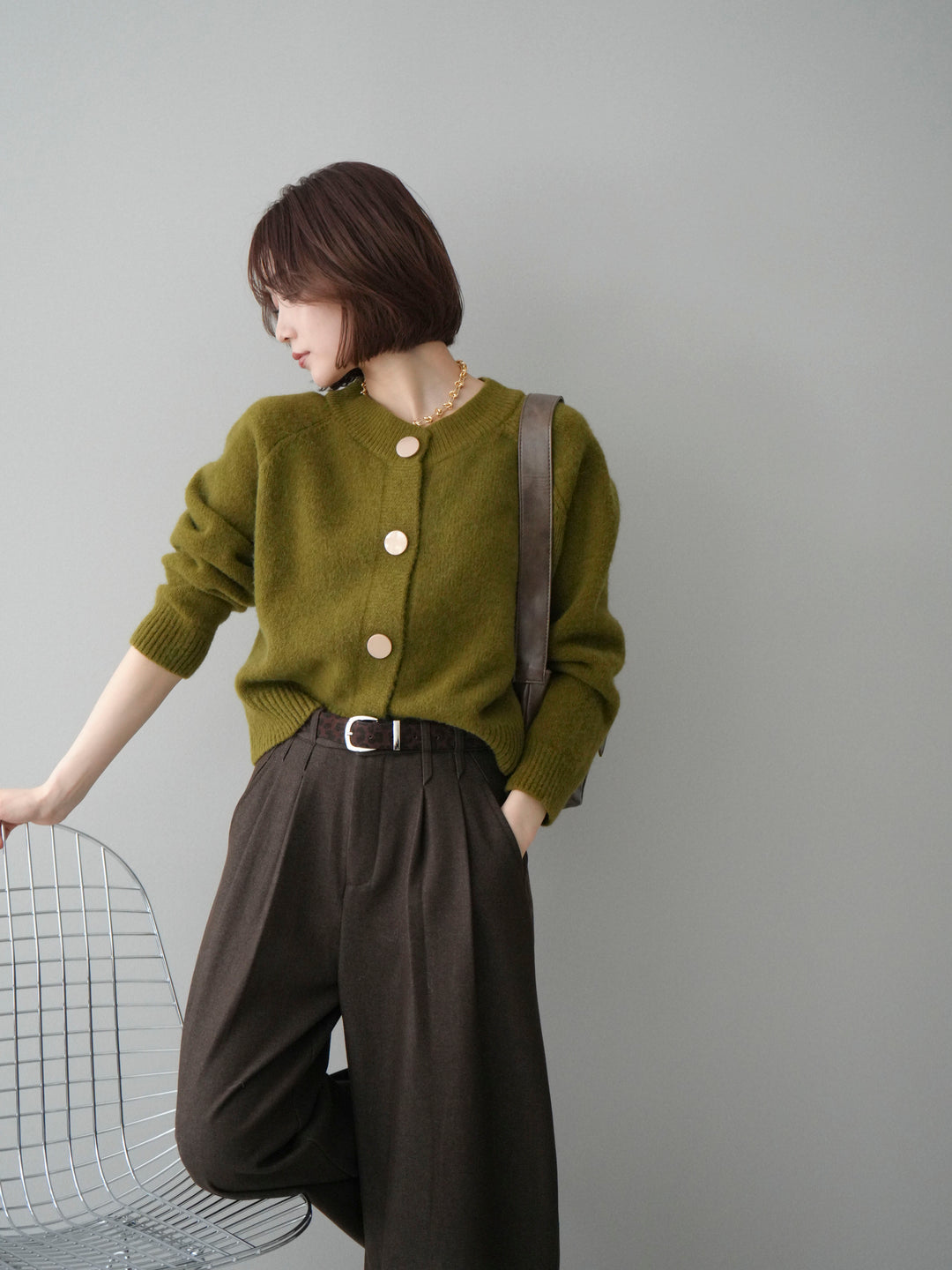 [SET]BIGボタンニットカーディガン+アニマル柄ベルト付きウールタッチワイドパンツ(2set)