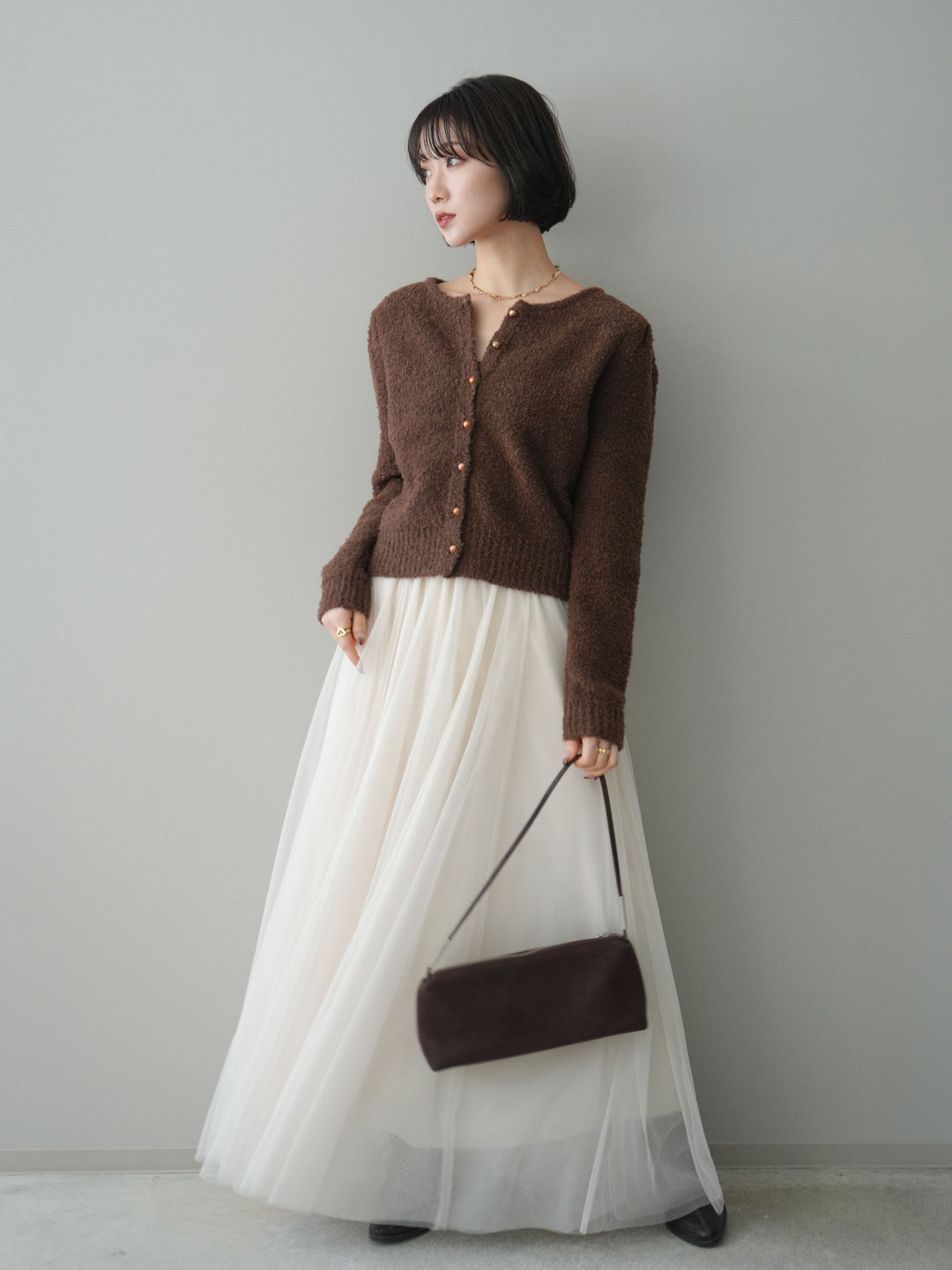 [SET]ゴールドボタンブークレニットカーディガン+チュールボリュームスカート(2set)