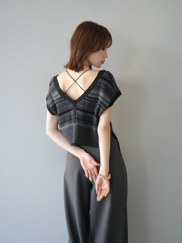 [予約]ガーター編み2WAYニットベスト/グレー×ブラック