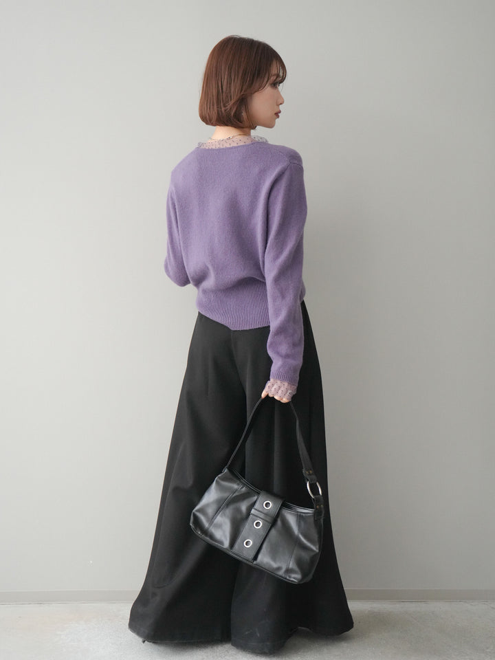 [SET]ドットチュールレイヤードボタンニットトップス+テープベルトタックバギーパンツ(2set)