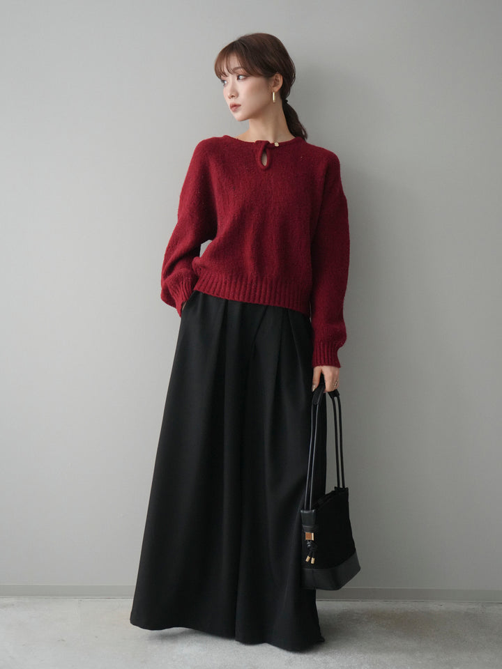 [SET]ツイストネックラメネップヤーンニットプルオーバー+テープベルトタックバギーパンツ(2set)