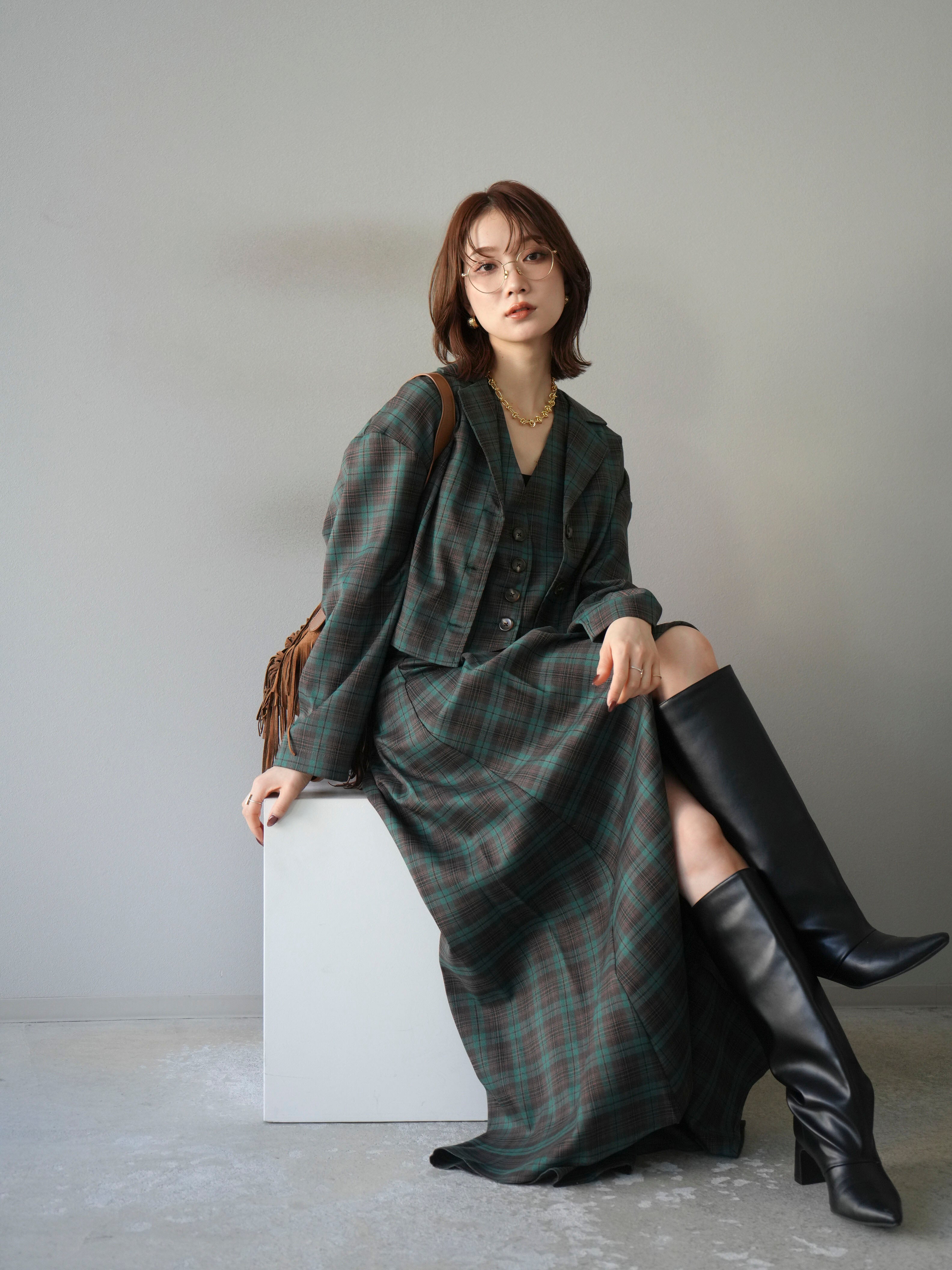 SET]チェック柄ショートジャケット+チェック柄ベスト+チェック柄