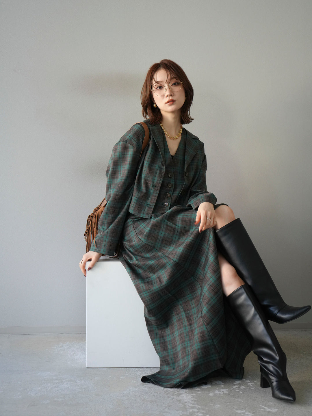 [SET]チェック柄ショートジャケット+チェック柄ベスト+チェック柄タックフレアスカート(3set)