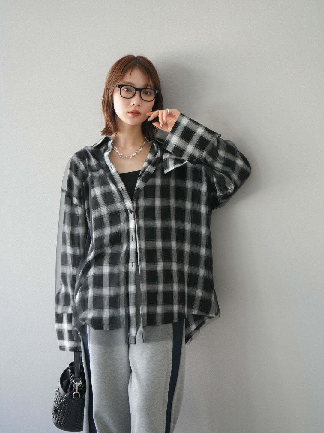 [套裝] 薄紗對接格紋寬鬆襯衫 + 牛仔布 Switch 2-Way 設計運動褲 (2 套)