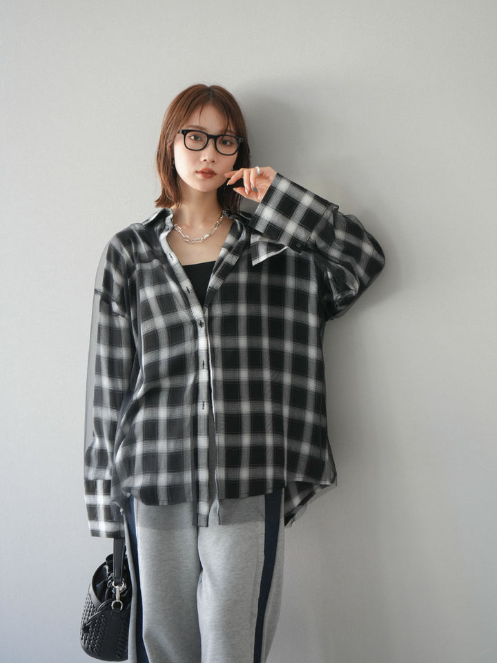 [套裝] 薄紗對接格紋寬鬆襯衫 + 牛仔布 Switch 2-Way 設計運動褲 (2 套)