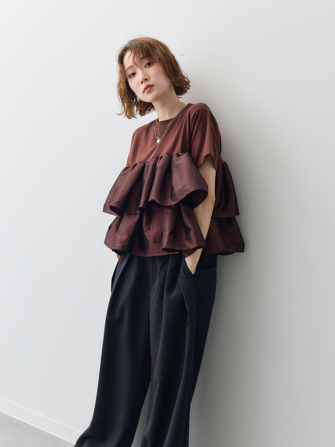 [SET]フリルティアードTEE+クレープデシンタックワイドパンツ(2set)