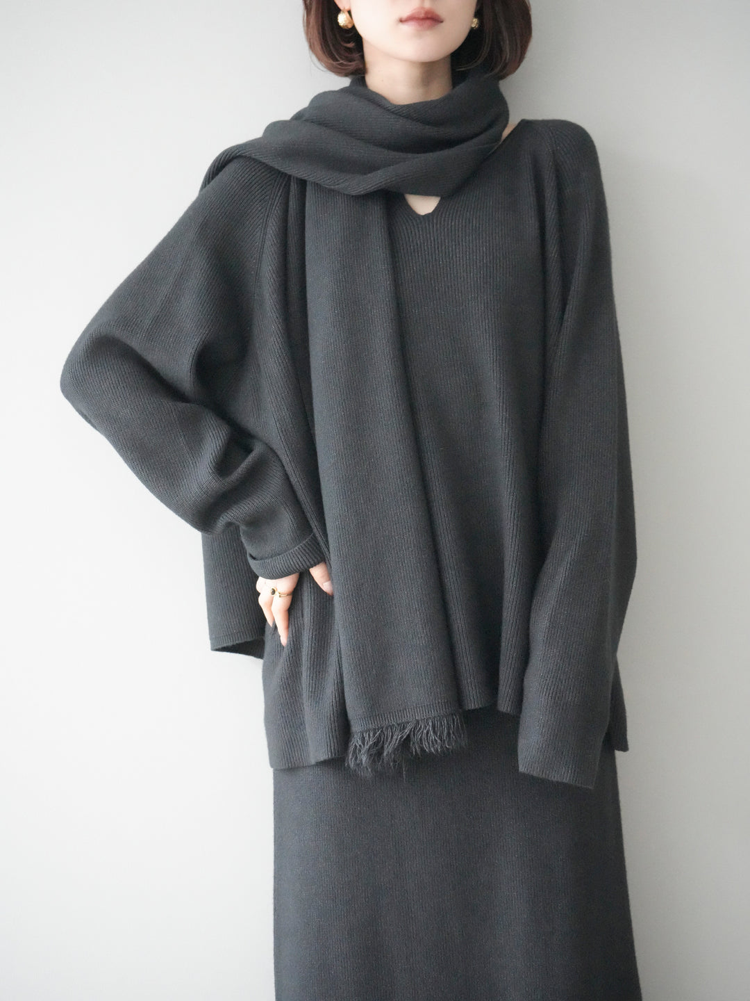 [SET]ストール付キーネックニットSET UP