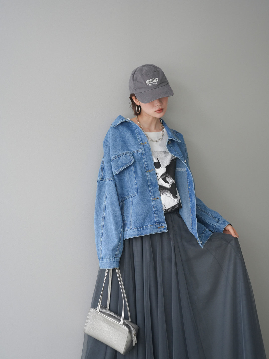 [SET]ルーズシルエットデニムジャケット+チュールボリュームスカート(2set)
