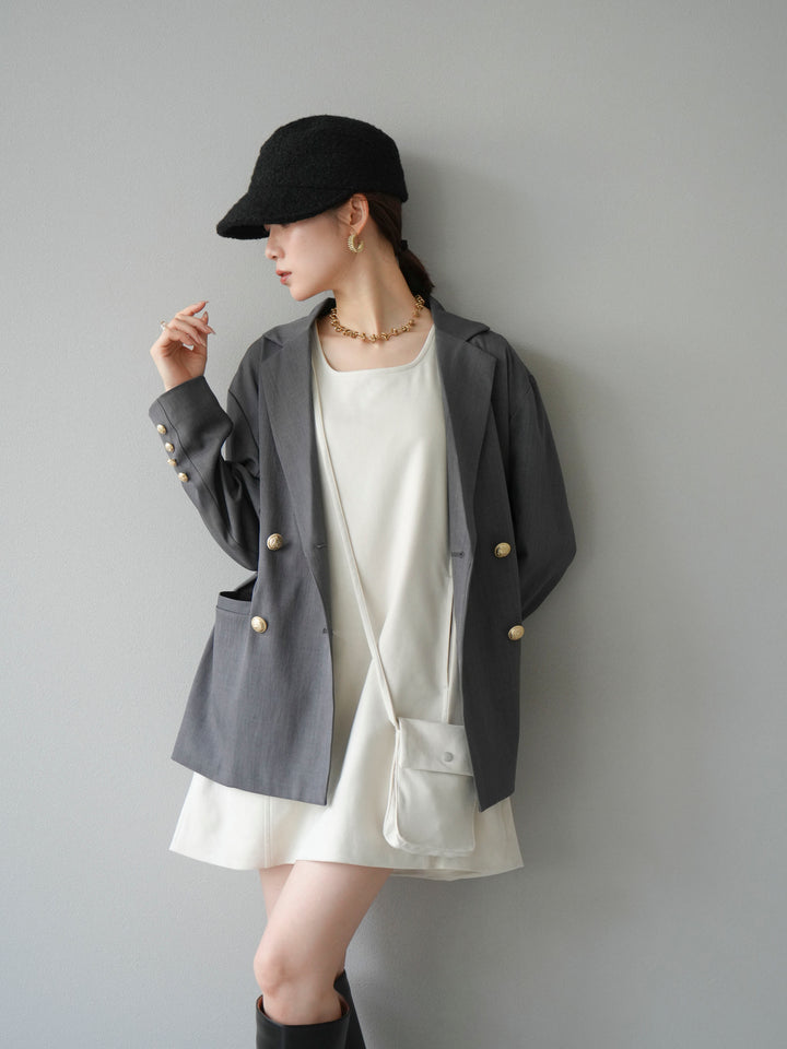 [SET]ゴールドボタンツイルダブルテーラードジャケット+ショルダーポーチ付スウェードミニワンピース(2set)