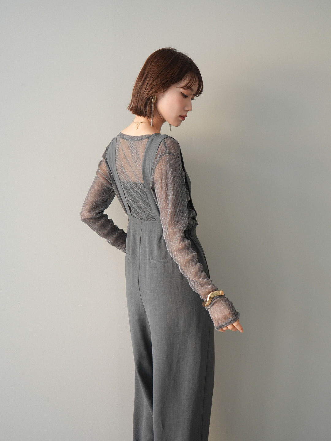 [予約]シボ加工ハイウエストタックサロペット/charcoal