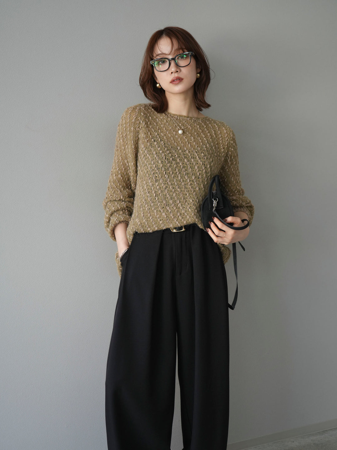 【着回しセット】[SET]求心柄クロップドニットカーディガン+異素材ミックスヤーンニットプルオーバー+ベルトループデザインワイドパンツ(3set)