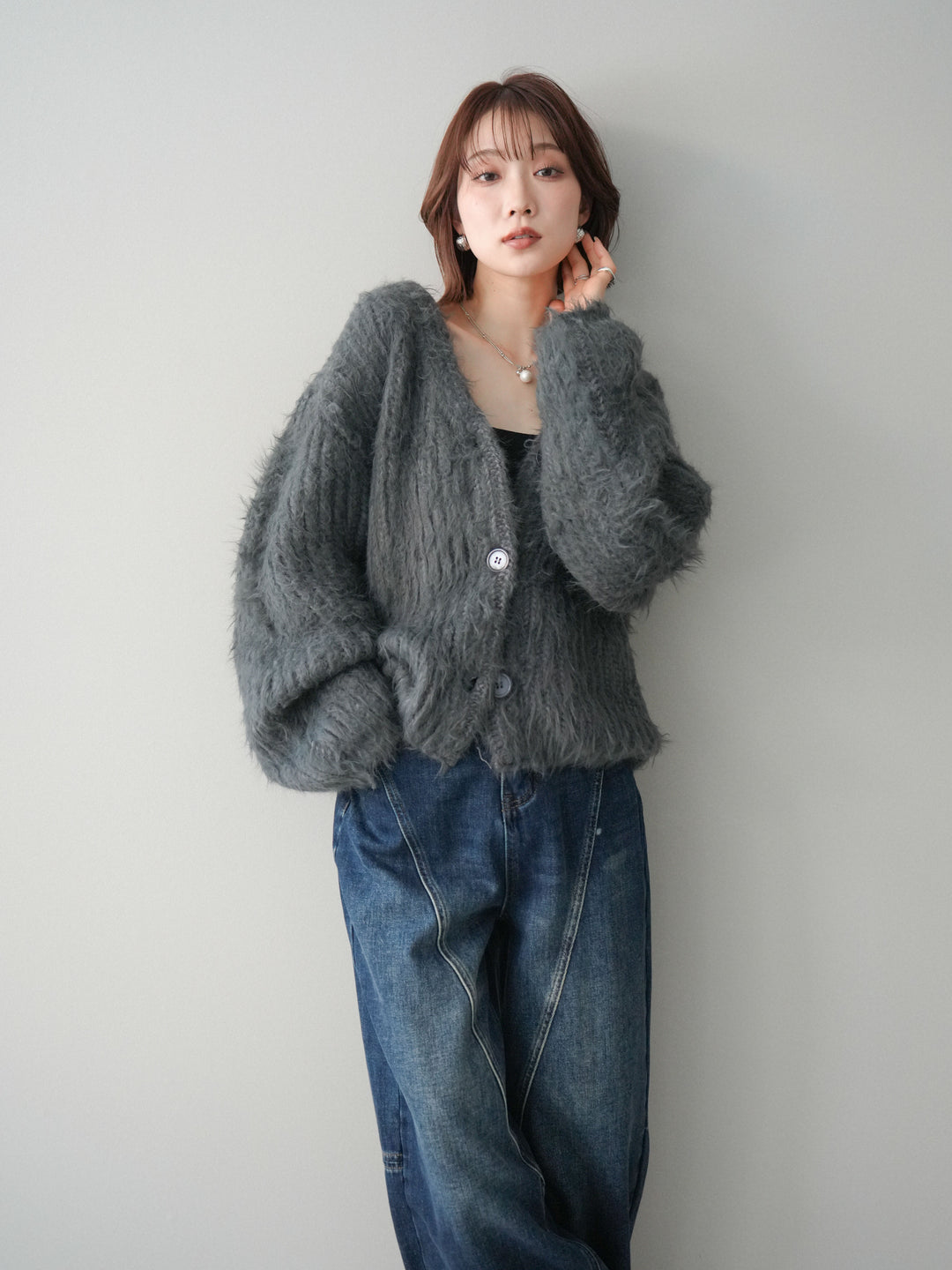 [SET]シャギーオーバーニットカーディガン+裏起毛加工デニムカーブパンツ(2set)