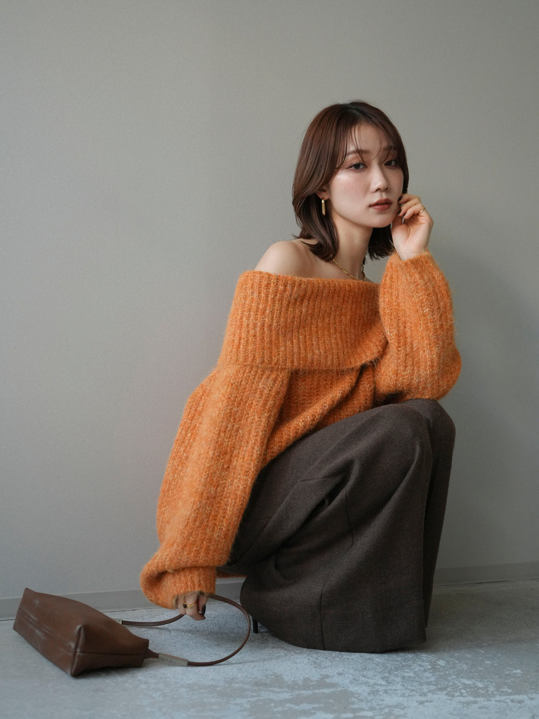 [予約]オフショルミックスニットプルオーバー/orange