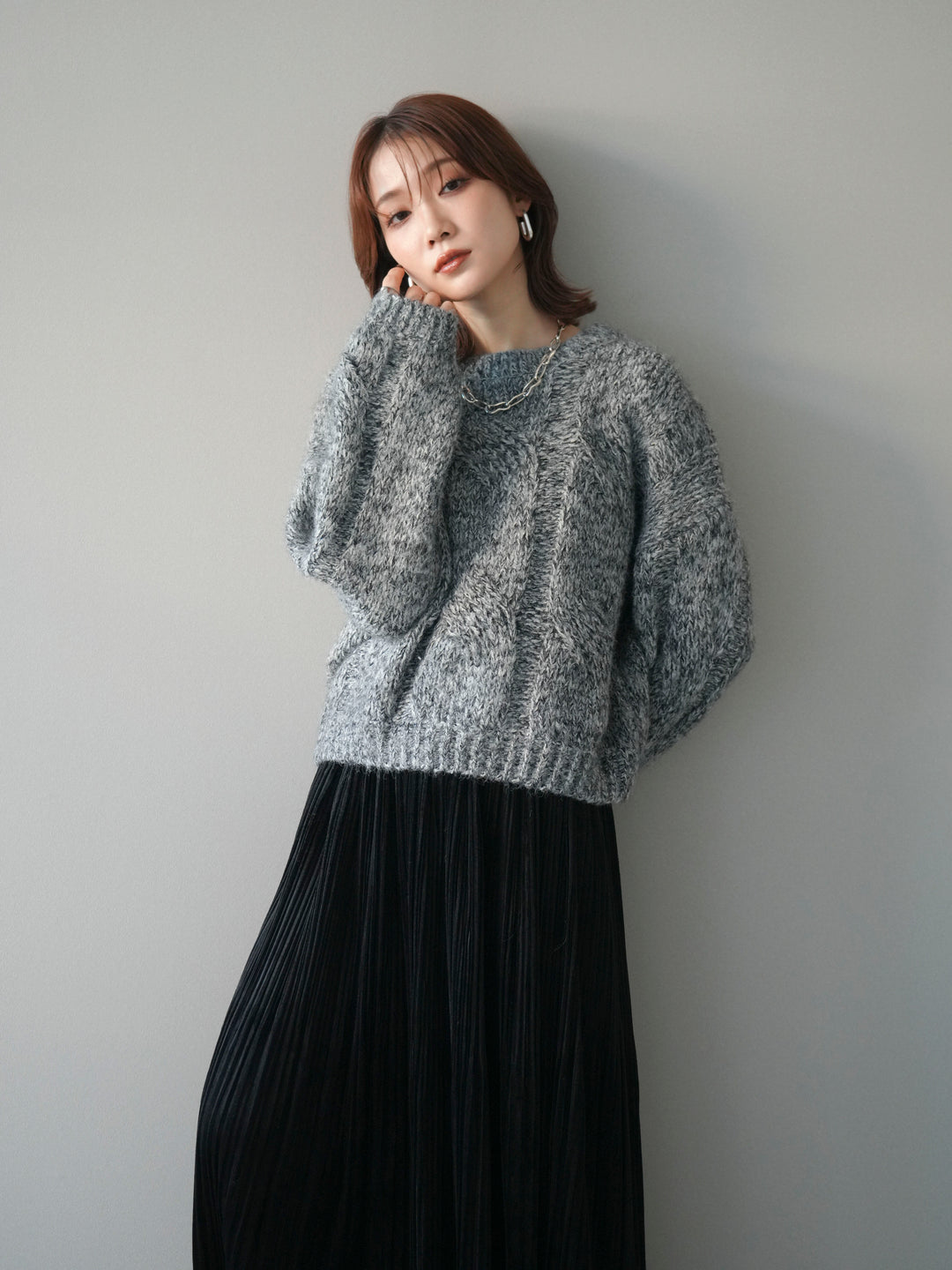 [予約]ワイドケーブルミックスニットプルオーバー/gray