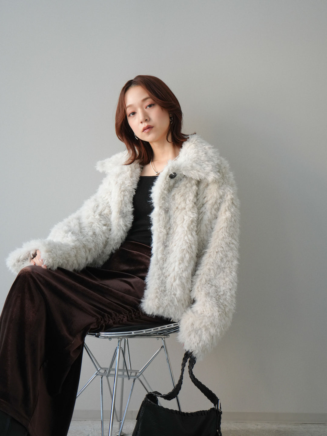 [SET]フェイクファー襟付きショートブルゾン+ギャザーベロアスカート(2set)