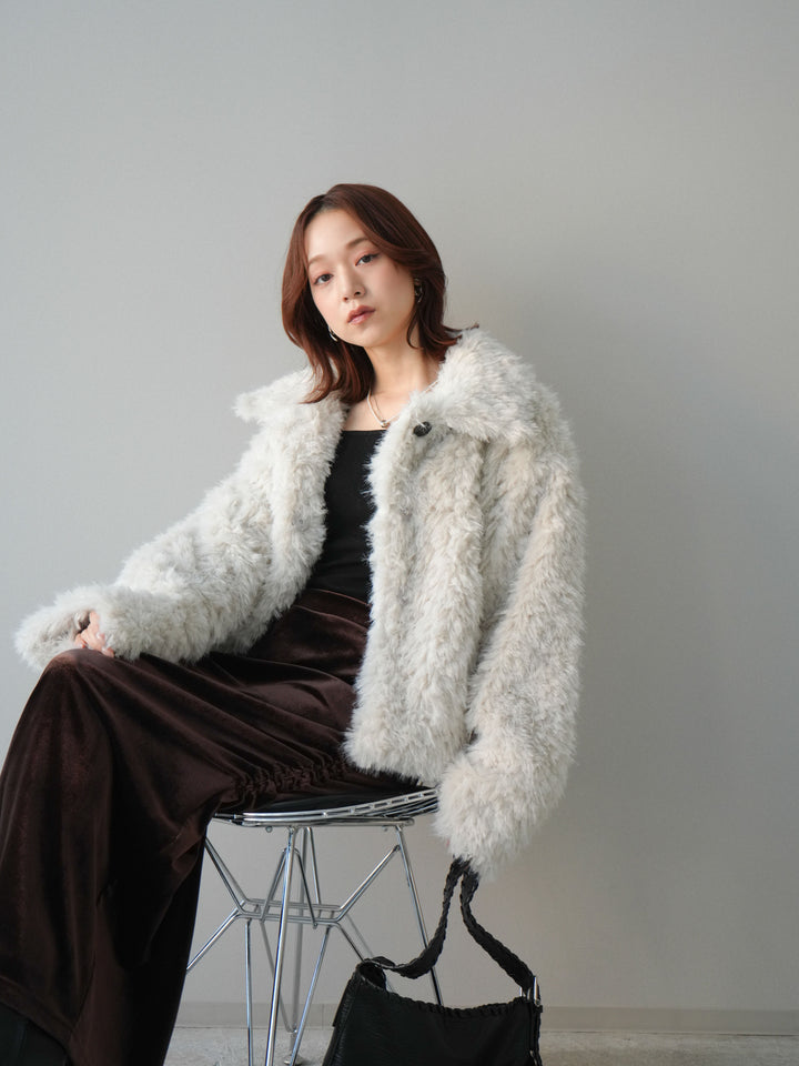 [SET]フェイクファー襟付きショートブルゾン+ギャザーベロアスカート(2set)