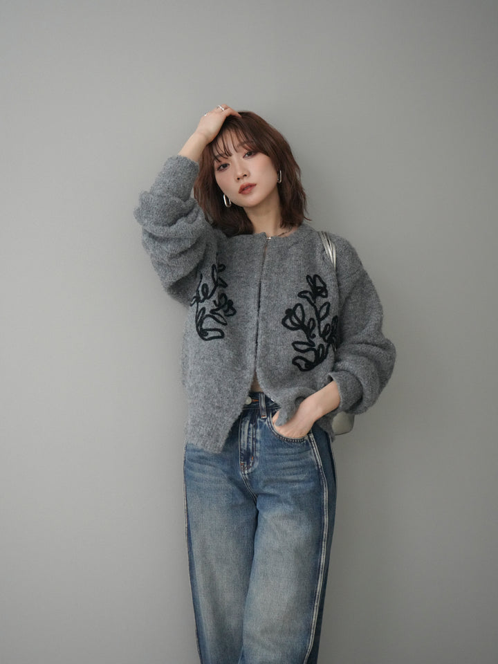 [予約]テープ刺繍ホック開きブークレニットカーディガン/mokugray