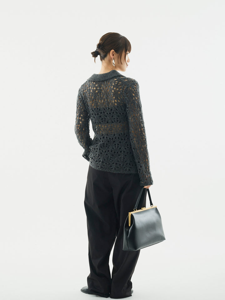 【Allure】[SET]ローゲージ透かし編みポロニッカーディガン+タフタワイドカーブパンツ(2set)