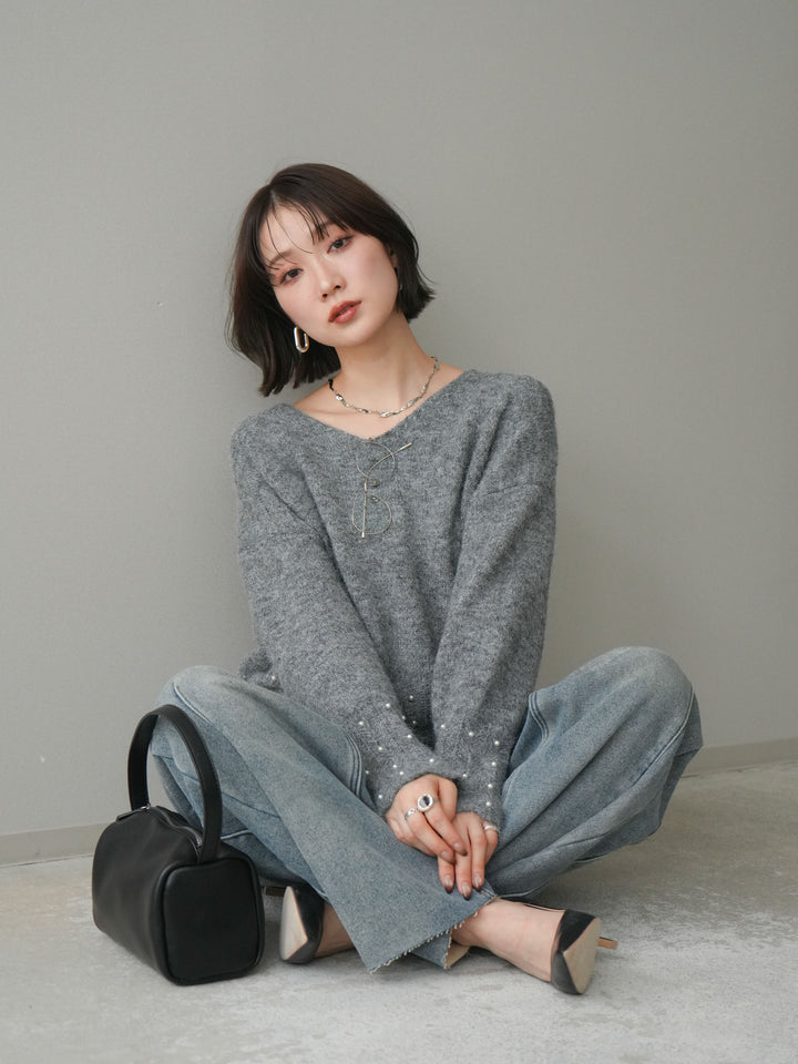 [SET]パールフリルリブヘムニットプルオーバー+選べるアクセセット(2set)