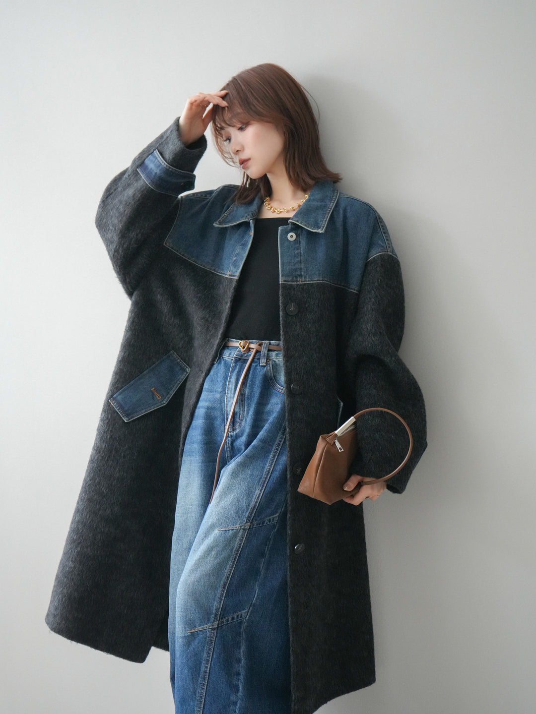 [予約]デニム切替シャギーステンカラーコート/charcoal