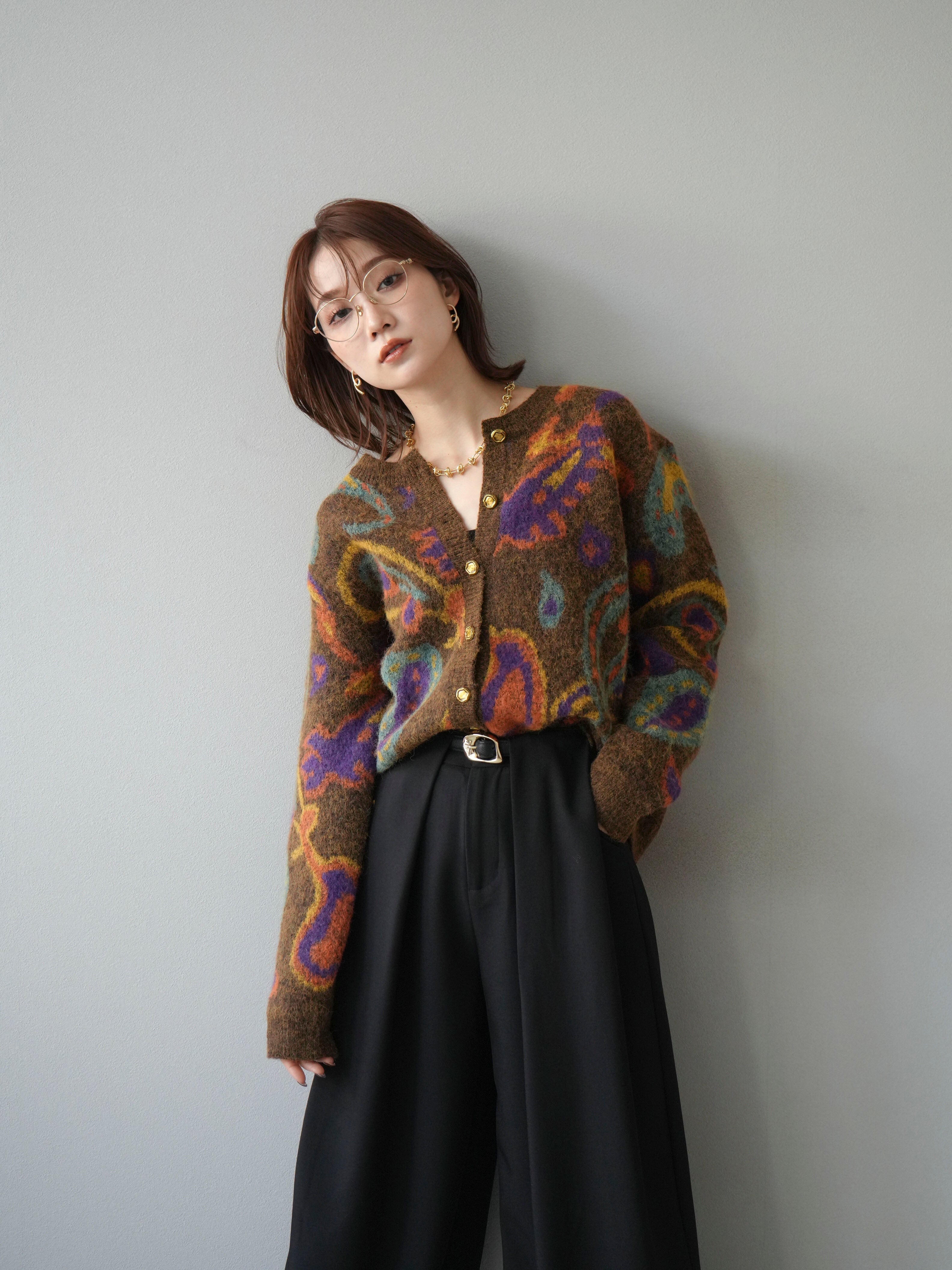 極美品　vintage 総刺繍　レトロカーディガン　昭和　 蝶々　立体　ニット 着回しセット】[SET]求心柄クロップドニットカーディガン+ミックス