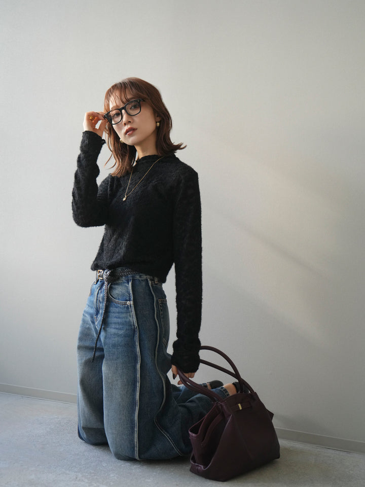 [予約]起毛レースプチネックトップス/black