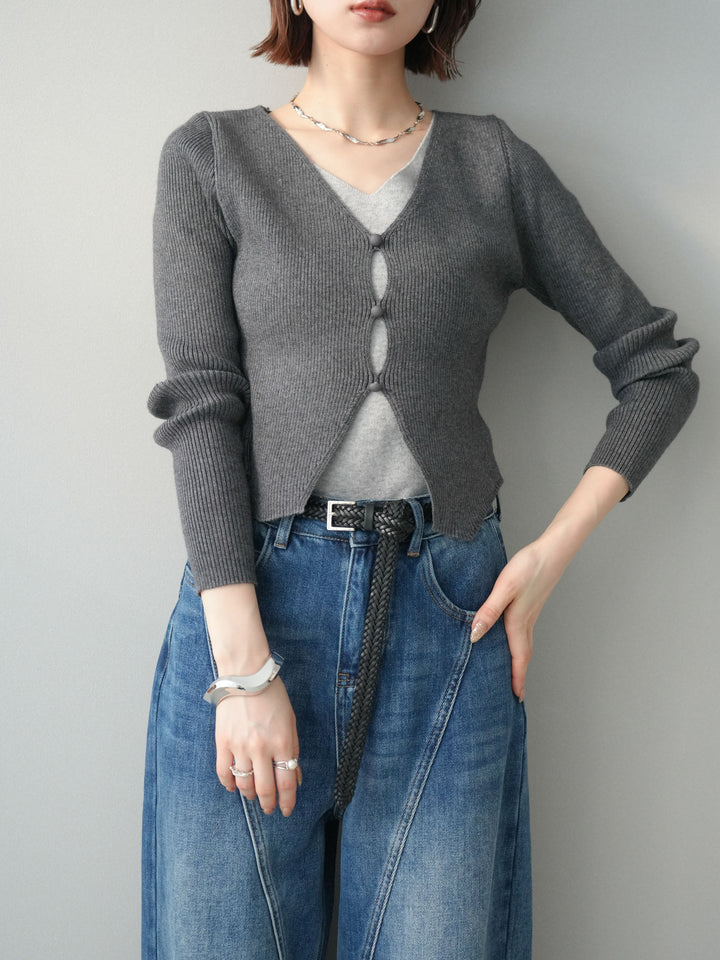 [予約]Vネック配色レイヤードスリットニットトップス/charcoal