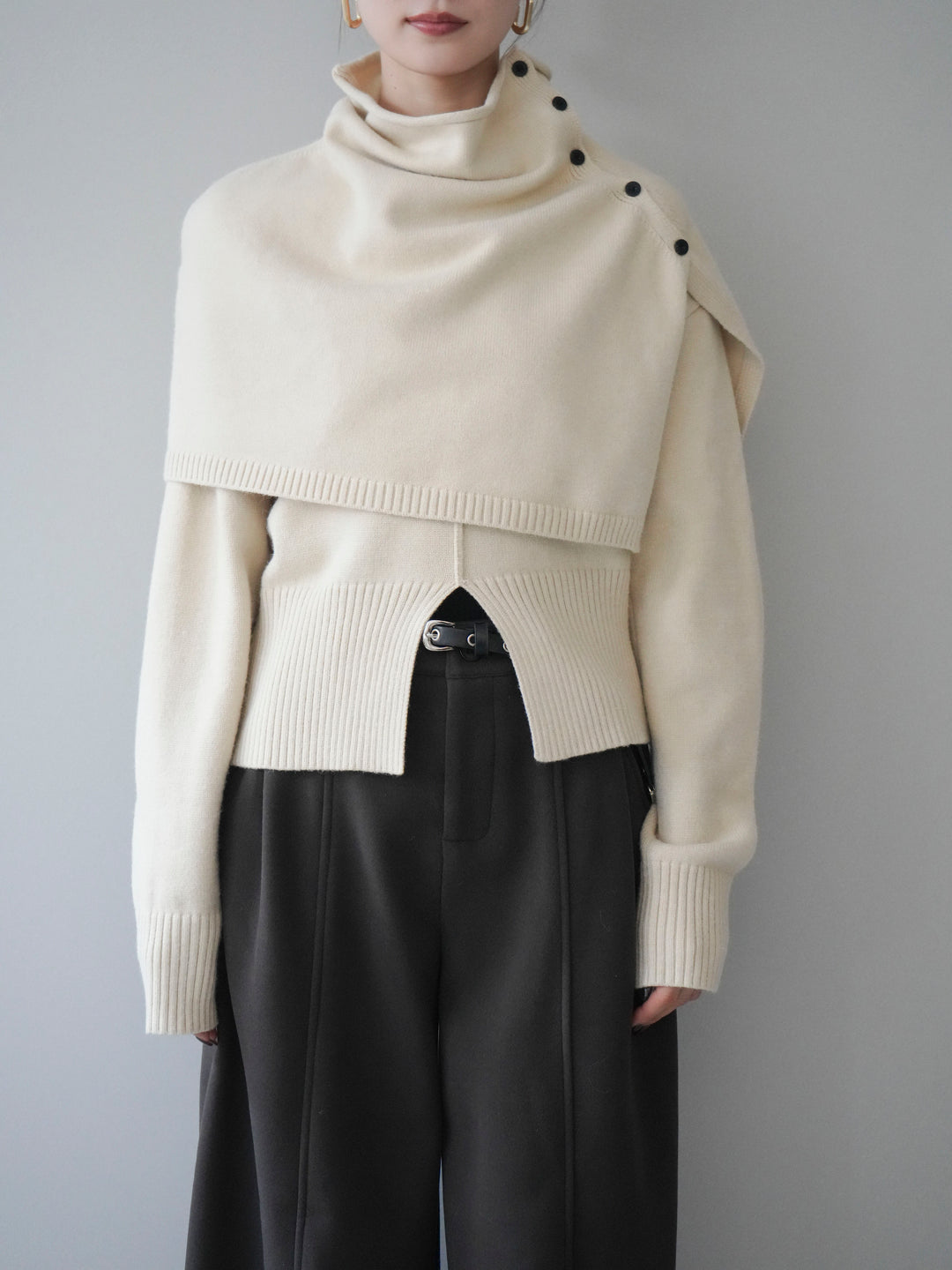 [予約]フロントスリットネックアンサンブルニット/ivory