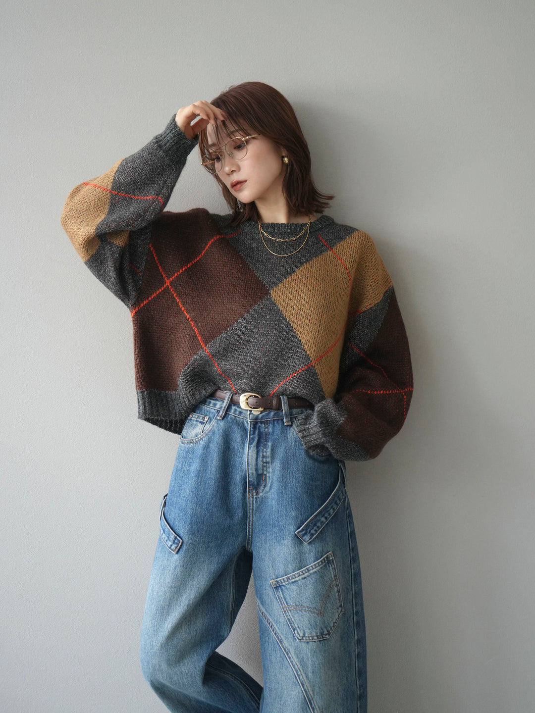 [SET]配色ステッチアーガイル柄ニットプルオーバー+配色ステッチアーガイル柄ニットプルオーバー(2set)