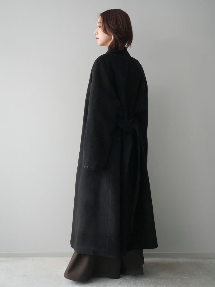 [SET]ハンドステッチ裏中綿ロングコート+モヘア衿付きボタンプルオーバー+テープベルトタックバギーパンツ(3set)