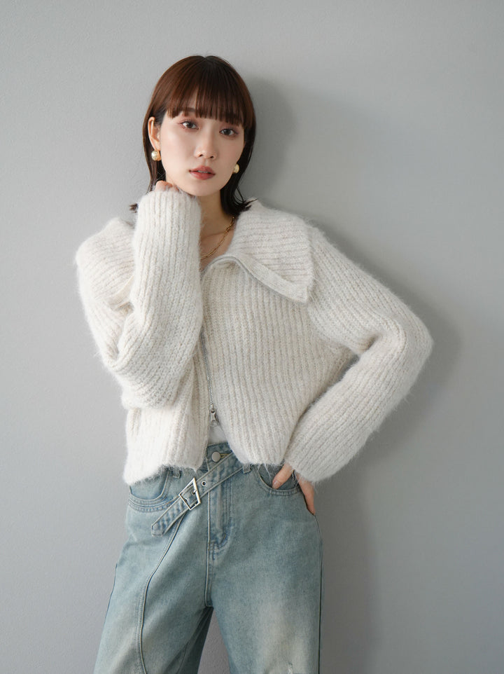 [予約]BIG襟ジップニットカーディガン/アイボリー