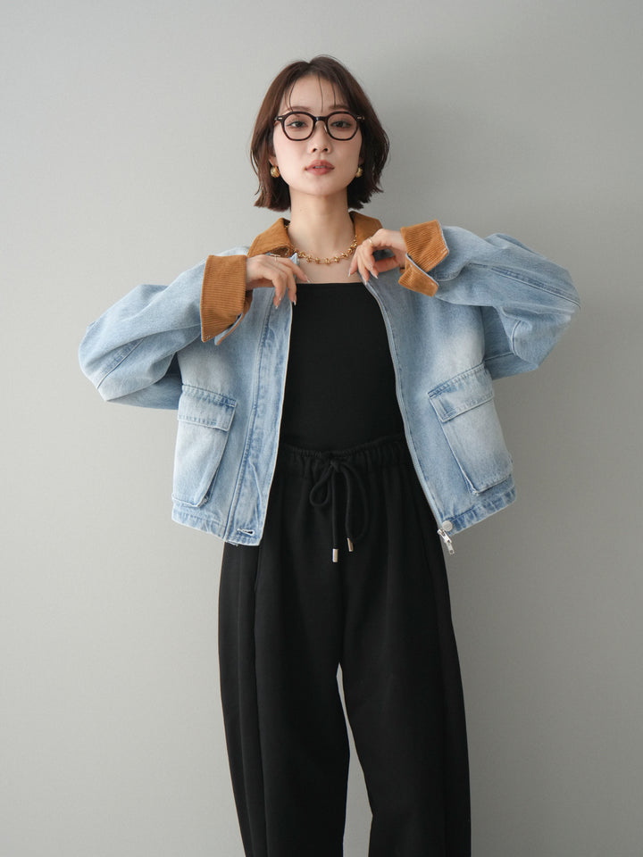 [予約]コーデュロイ×デニムショートカバーオール/bleach