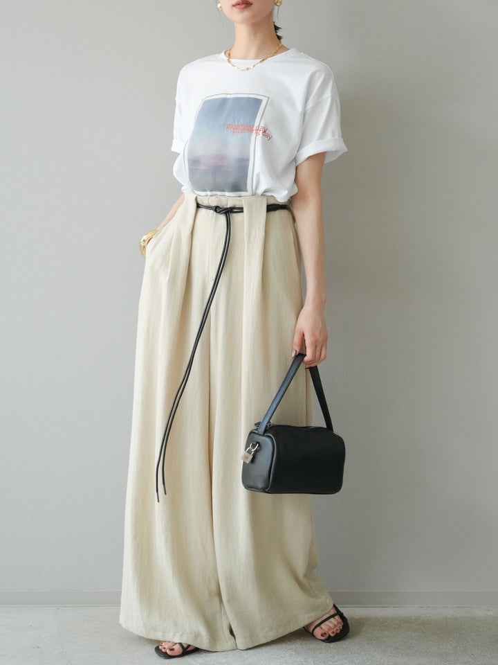 【預購】繩紋設計腰帶亞麻觸感寬褲/米色