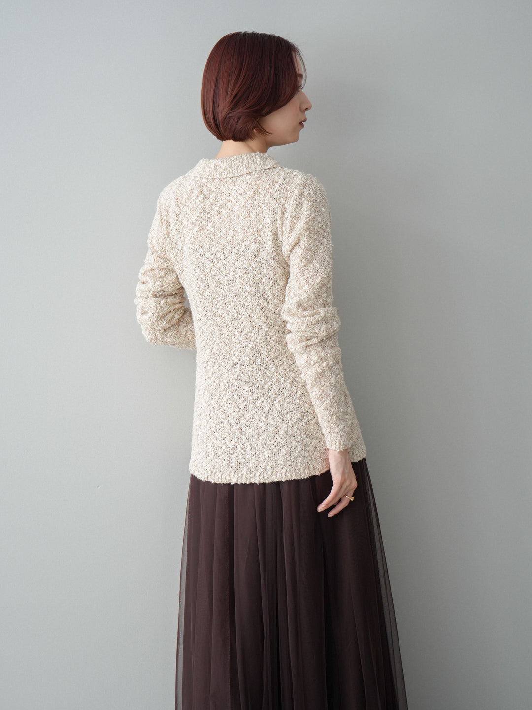 [予約]透かし編みブークレポロニットトップス/beige