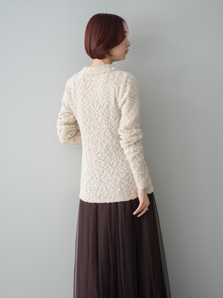 [予約]透かし編みブークレポロニットトップス/beige