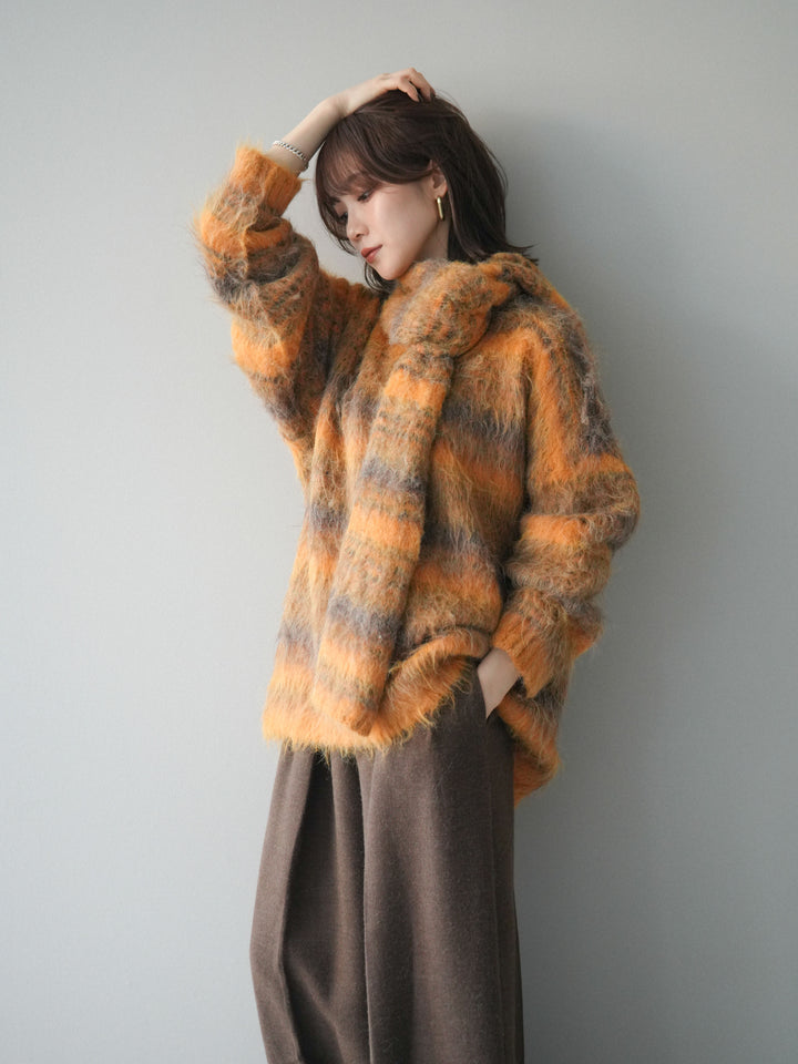 [予約]ストール付シャギーマルチボーダーニットプルオーバー/yellow