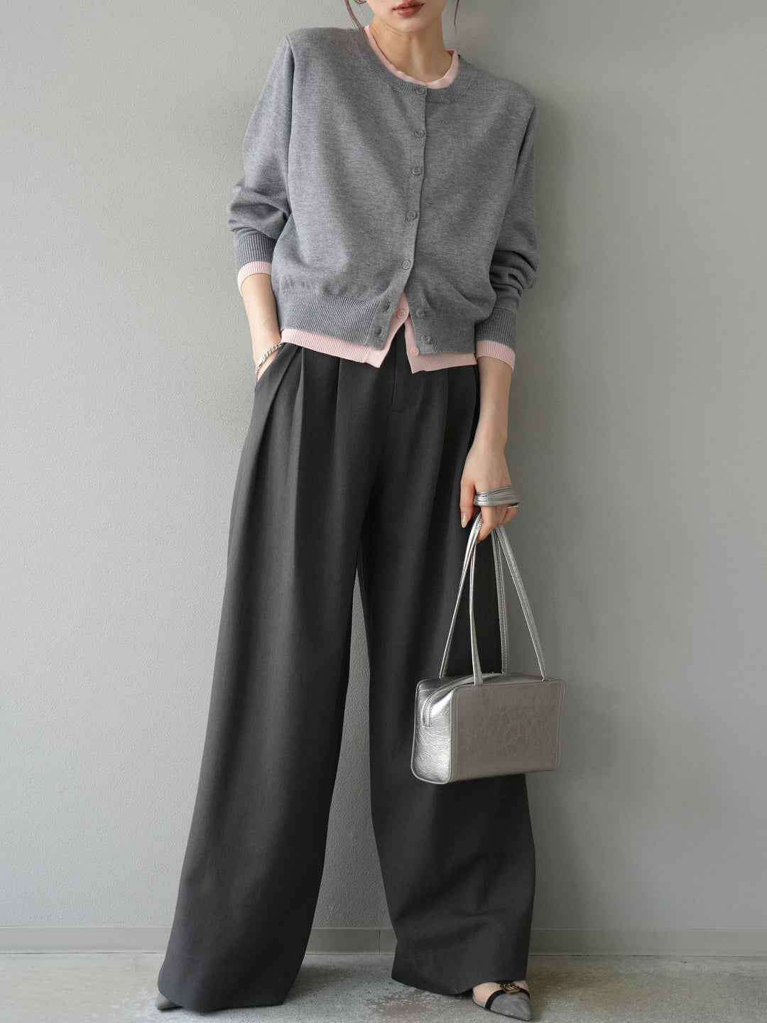 【SET】同色系疊穿開襟衫+雙褶寬褲（2件組）