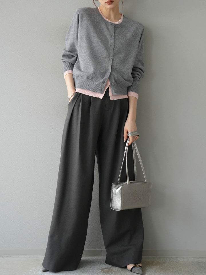 【SET】同色系疊穿開襟衫+雙褶寬褲（2件組）