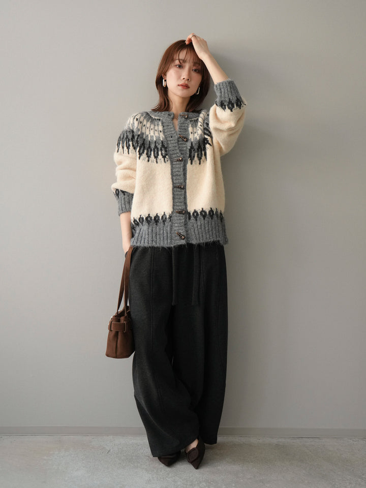 [SET]トグルボタン求心柄ニットカーディガン+ウエストベルトカーブラインスエットパンツ(2set)