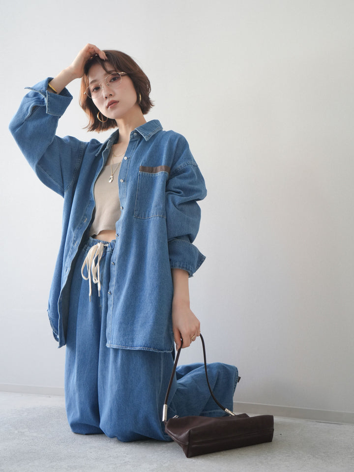 [SET]ポイントレザーオーバーデニムシャツ+ドロストワイドデニムパンツ(2set)