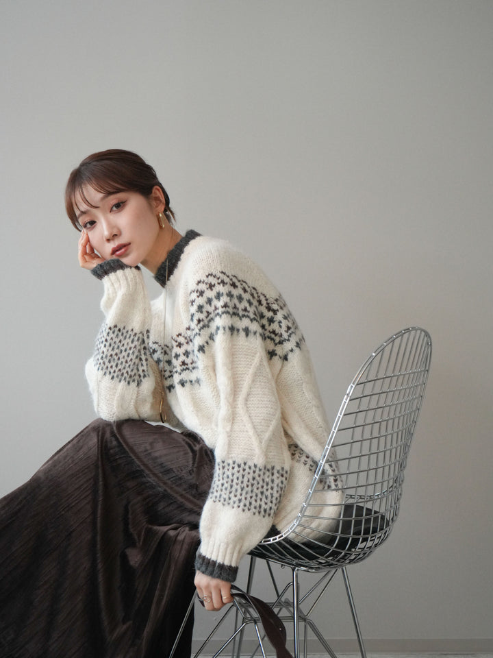 [予約]裾配色ノルディック柄ニットプルオーバー/White
