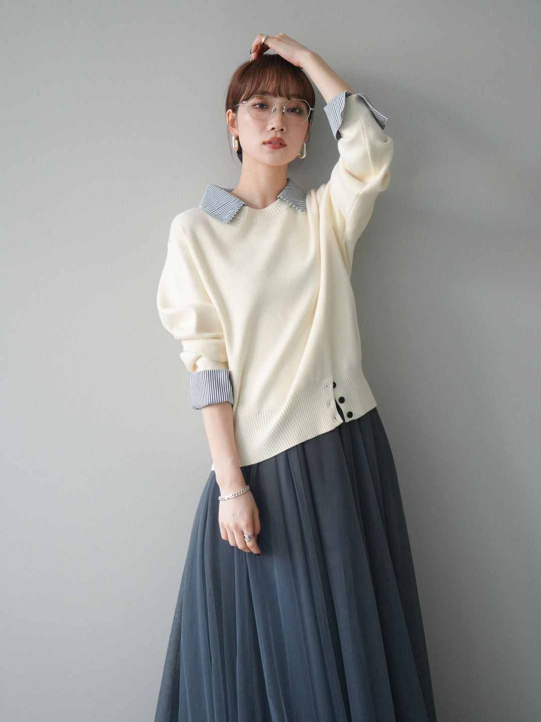 [予約]シャツドッキングデザイン裾ボタンニットプルオーバー/beige