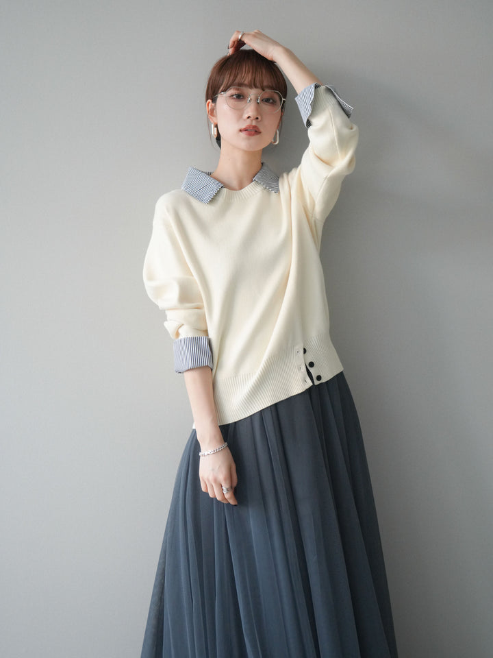 [予約]シャツドッキングデザイン裾ボタンニットプルオーバー/beige