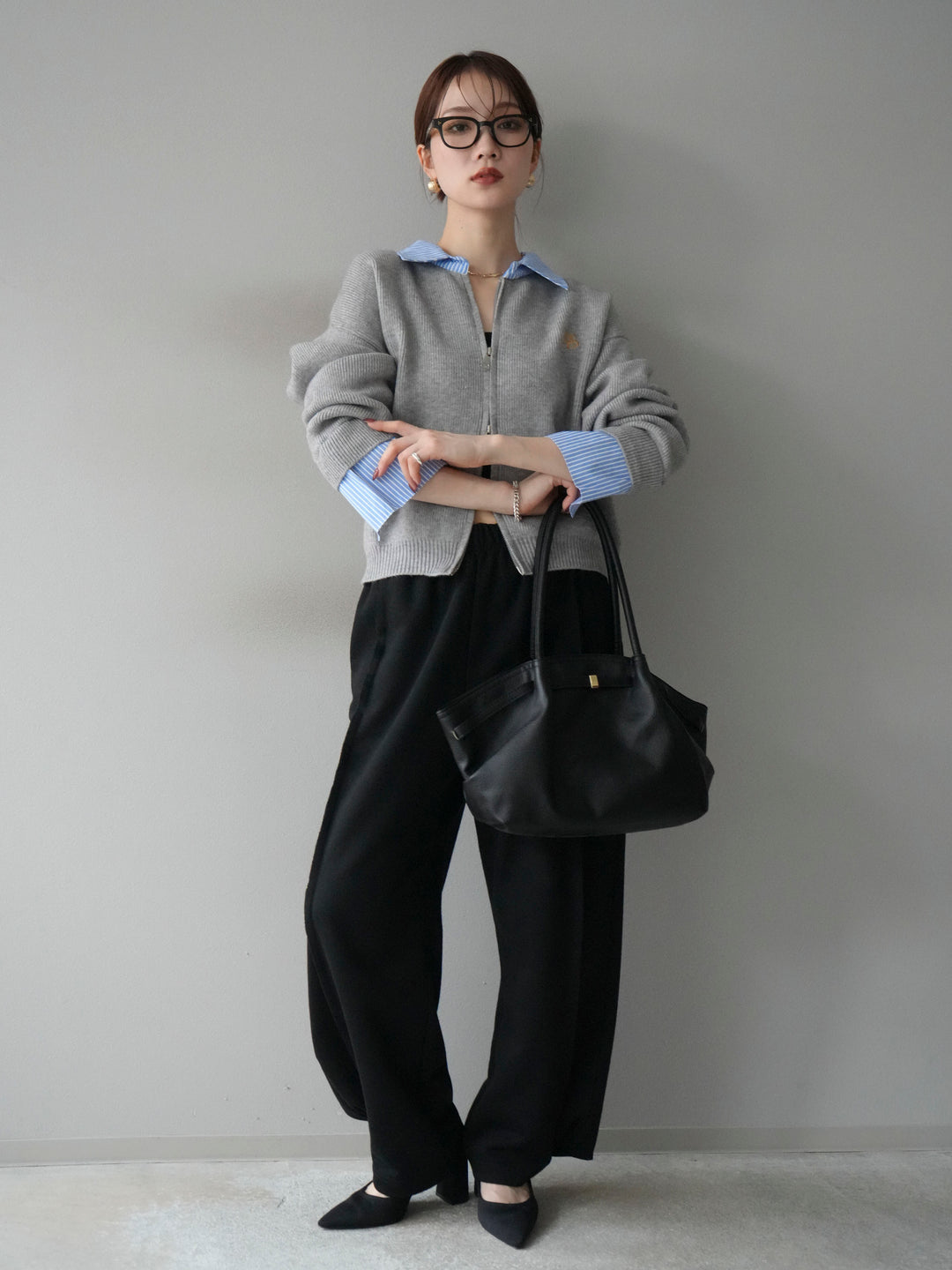 [SET]ストライプシャツレイヤードZIPニットカーディガン+ストライプシャツレイヤードZIPニットカーディガン(2set)